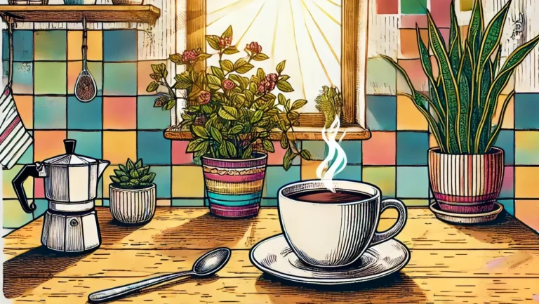 Ilustração desenhada à mão de uma cena de cozinha aconchegante com uma xícara de café em uma mesa, cercada por plantas em vasos e luz do sol entrando pela janela. A imagem apresenta um estilo vibrante e minimalista, com linhas limpas e formas simples, destacando a atmosfera convidativa criada pela luz natural e pelos azulejos coloridos.