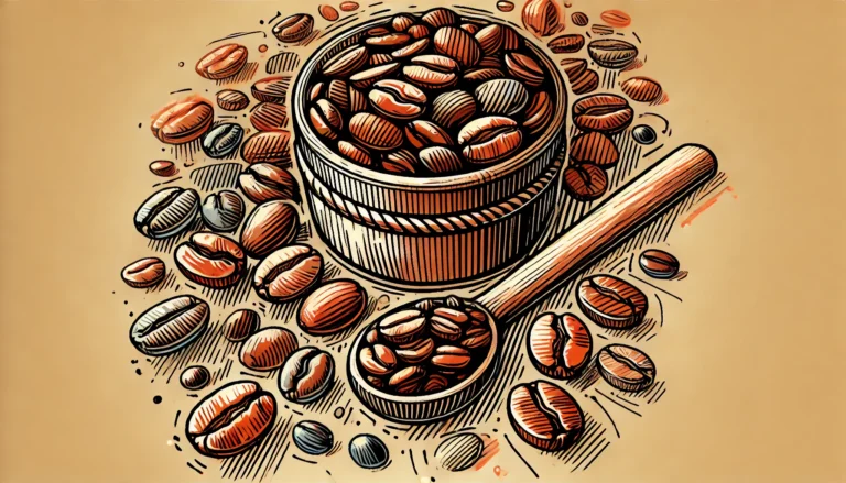 Ilustração desenhada à mão de grãos de café. A imagem apresenta um estilo vibrante e minimalista, com linhas limpas e formas simples, destacando a textura e os detalhes dos grãos de café em sua disposição natural.