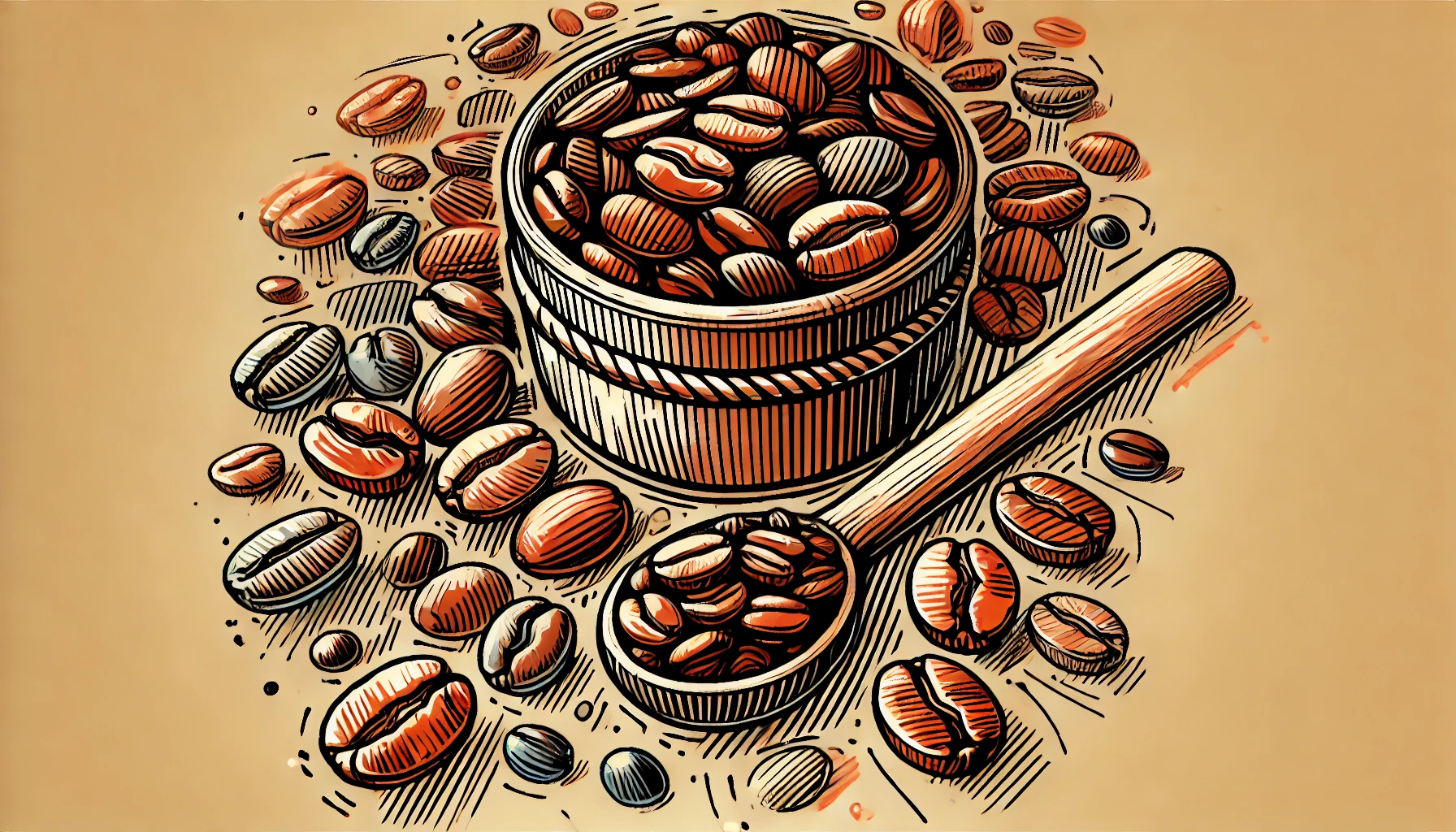 Ilustração desenhada à mão de grãos de café. A imagem apresenta um estilo vibrante e minimalista, com linhas limpas e formas simples, destacando a textura e os detalhes dos grãos de café em sua disposição natural.