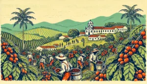 Ilustração desenhada à mão de plantações de café no Brasil durante o século XIX, com trabalhadores colhendo cerejas de café e a paisagem exuberante de São Paulo ou Minas Gerais ao fundo. A imagem apresenta um estilo vibrante e minimalista, com linhas limpas e formas simples, capturando a essência da época e da atividade agrícola.