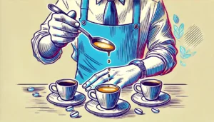 Ilustração desenhada à mão de uma sessão de cupping de café, com uma pessoa segurando uma colher de café sobre várias xícaras. A imagem apresenta um estilo vibrante e minimalista, com linhas limpas e formas simples, destacando a colher, as xícaras de café e o processo de degustação.