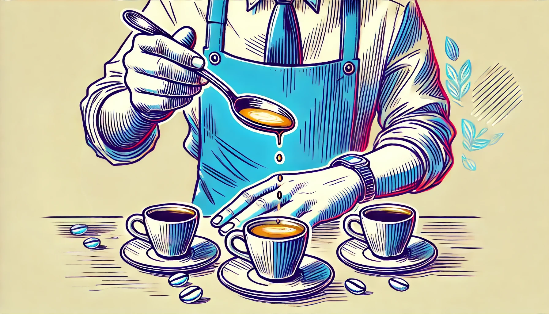 Ilustração desenhada à mão de uma sessão de cupping de café, com uma pessoa segurando uma colher de café sobre várias xícaras. A imagem apresenta um estilo vibrante e minimalista, com linhas limpas e formas simples, destacando a colher, as xícaras de café e o processo de degustação.