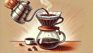 Ilustração detalhada de uma configuração de café pour-over, incluindo um Hario V60, filtro de papel e uma chaleira gooseneck despejando água sobre o café.