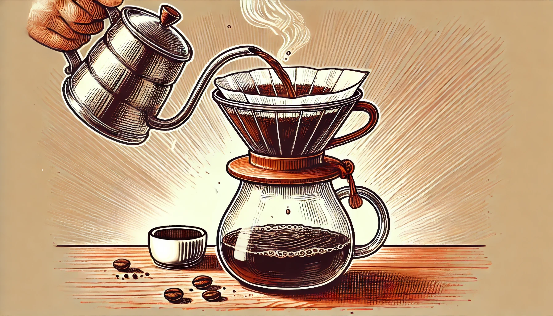 Ilustração detalhada de uma configuração de café pour-over, incluindo um Hario V60, filtro de papel e uma chaleira gooseneck despejando água sobre o café.
