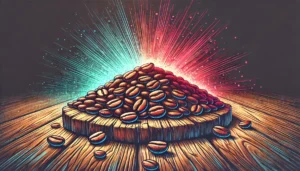 Ilustração vibrante e detalhada de uma única pilha de grãos de café, centralizada em uma superfície de madeira rústica. A iluminação colorida destaca a textura e a riqueza dos grãos de café, criando uma cena simples e focada nos detalhes dos grãos.