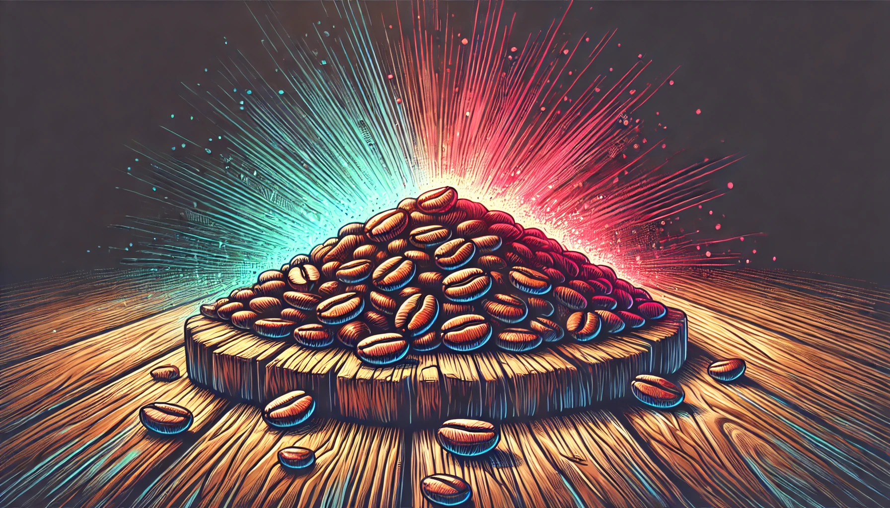 Ilustração vibrante e detalhada de uma única pilha de grãos de café, centralizada em uma superfície de madeira rústica. A iluminação colorida destaca a textura e a riqueza dos grãos de café, criando uma cena simples e focada nos detalhes dos grãos.