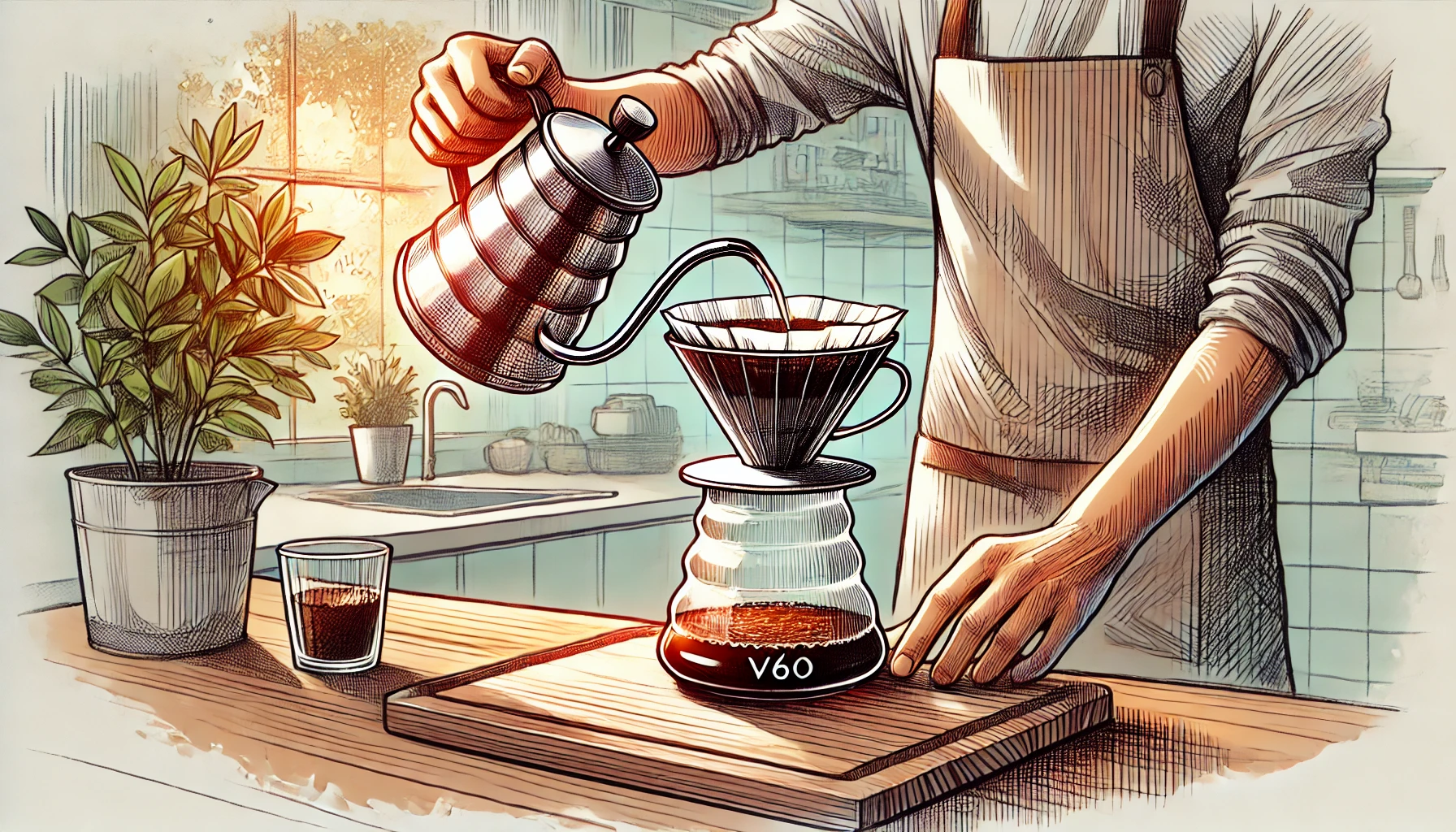 Ilustração desenhada à mão de um Hario V60 em uso, com um barista despejando água quente em movimento circular sobre café moído fresco no dripper V60. A cena é ambientada em uma cozinha moderna com luz natural entrando pela janela, destacando o processo de preparo do café. O estilo é vibrante e minimalista, com linhas limpas e tons acolhedores.