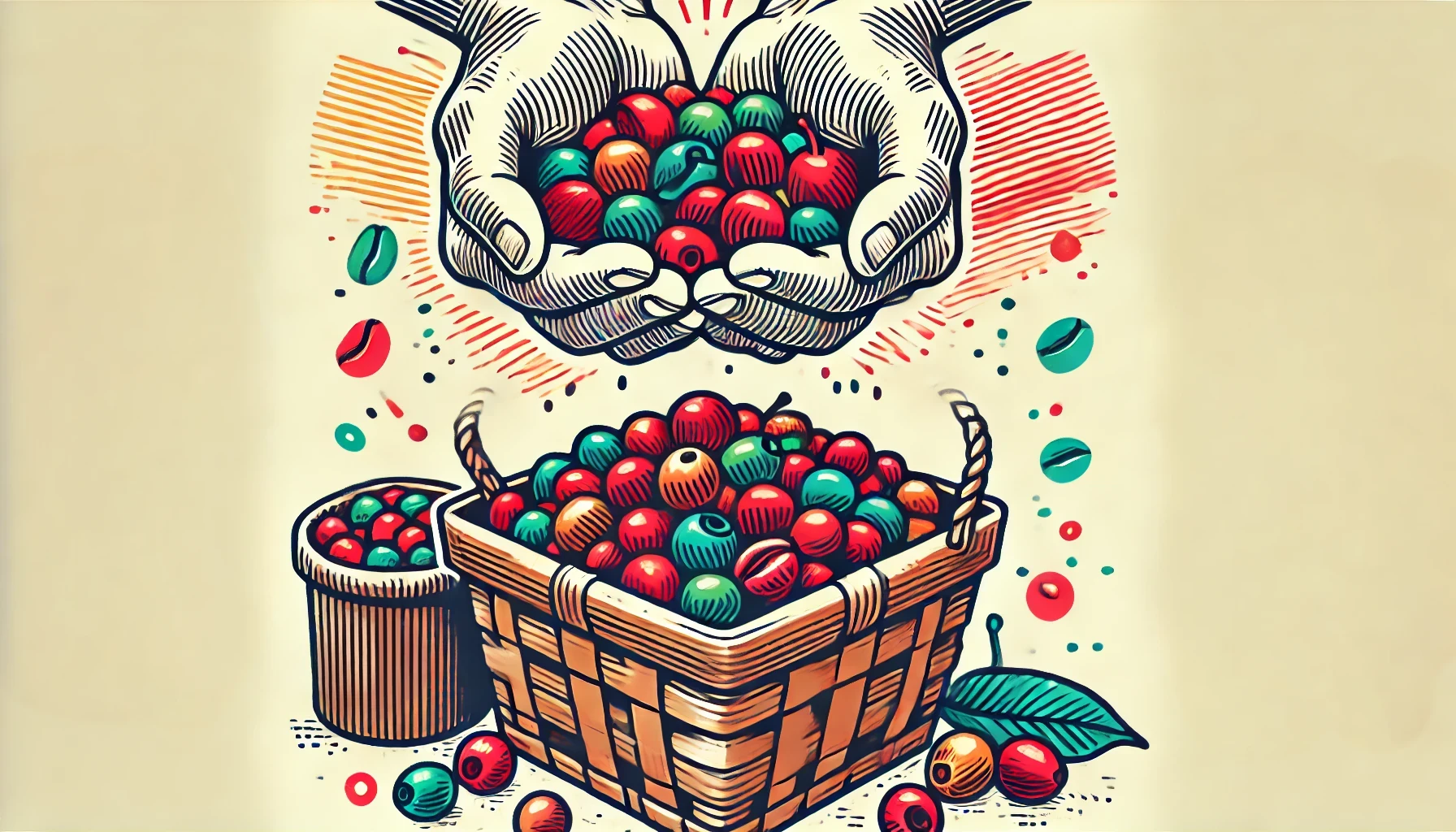 Ilustração desenhada à mão de mãos segurando cerejas de café coloridas acima de um cesto cheio de mais cerejas. A imagem apresenta um estilo vibrante e minimalista com linhas limpas e formas simples, focando nas cerejas de café e no cesto.