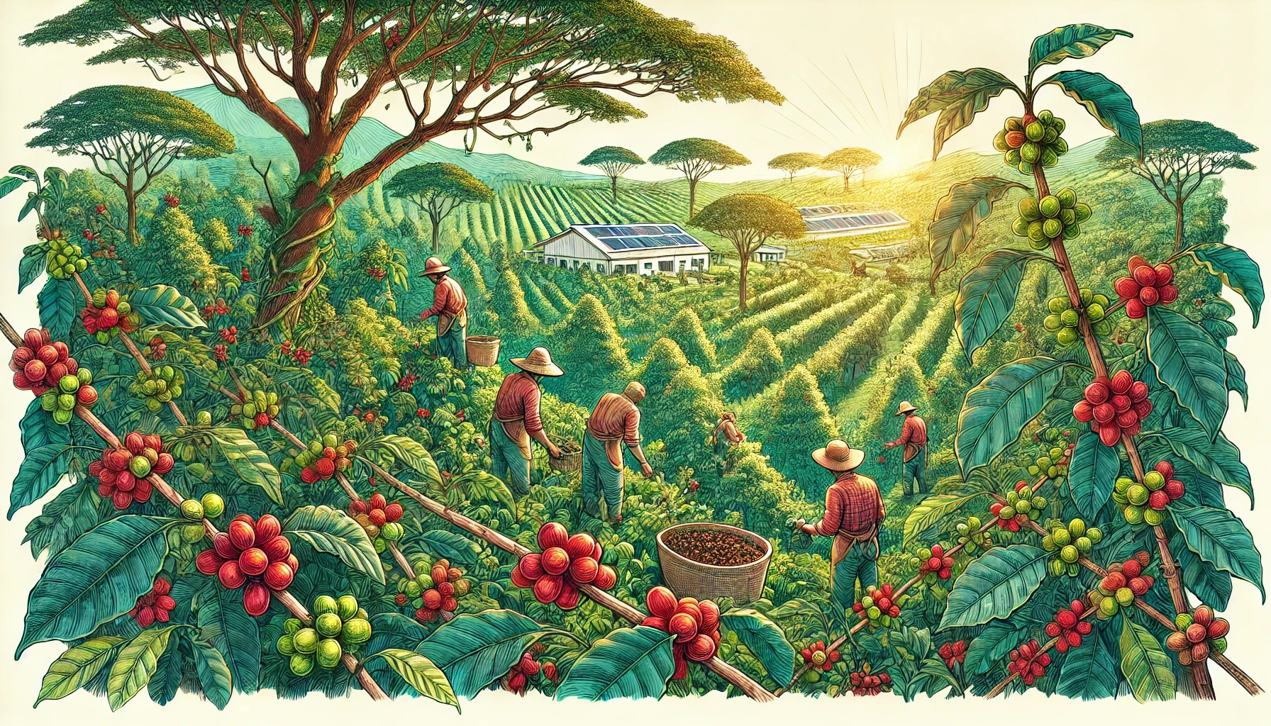 Ilustração detalhada de uma plantação de café orgânico, com trabalhadores colhendo cerejas de café vermelhas e menores. O cenário é vibrante, com árvores verdes e plantas, e ao fundo, uma pequena fazenda sustentável com painéis solares, enfatizando a harmonia com a natureza e a sustentabilidade