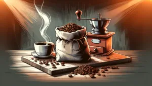 Ilustração desenhada à mão de uma bancada de cozinha moderna com um saco de grãos de café recém-torrados, um moedor e uma xícara de café fumegante. Os grãos de café estão levemente derramados do saco, mostrando sua rica textura. A cena é iluminada com luz quente, criando uma atmosfera acolhedora que destaca o ritual de preparar café em casa.