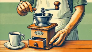 Ilustração desenhada à mão de uma pessoa usando um moedor manual de café, com detalhes do moedor de madeira e do processo de moagem. A cena é simples e focada no moedor e nas mãos da pessoa, em um estilo vibrante e minimalista com linhas limpas e formas simples.