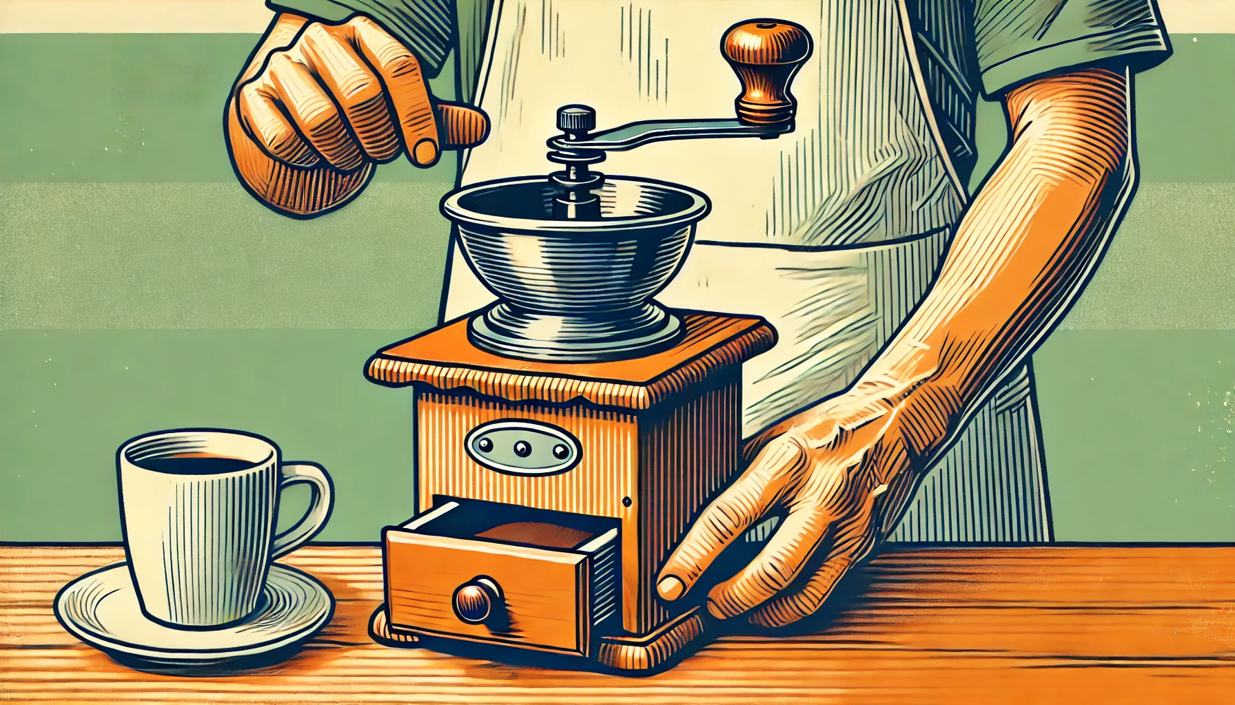 Ilustração desenhada à mão de uma pessoa usando um moedor manual de café, com detalhes do moedor de madeira e do processo de moagem. A cena é simples e focada no moedor e nas mãos da pessoa, em um estilo vibrante e minimalista com linhas limpas e formas simples.