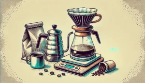 Ilustração desenhada à mão de um setup de café pour-over, apresentando um dripper, balança, chaleira bico de ganso e saco de café sobre uma bancada limpa. O estilo é minimalista e vibrante, com linhas limpas e foco no processo de preparo do café.