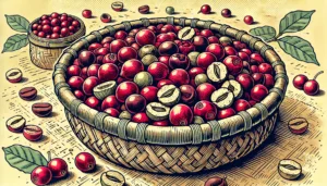 Close-up detalhado de uma cesta com cerejas de café em várias etapas de secagem no processo natural de produção de café. A imagem destaca a textura dos grãos e o aspecto artesanal da cesta, com cerejas frescas e parcialmente secas.