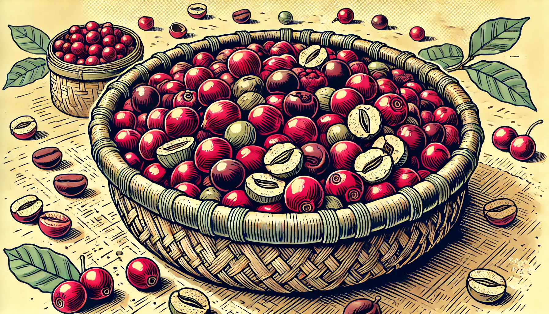 Close-up detalhado de uma cesta com cerejas de café em várias etapas de secagem no processo natural de produção de café. A imagem destaca a textura dos grãos e o aspecto artesanal da cesta, com cerejas frescas e parcialmente secas.