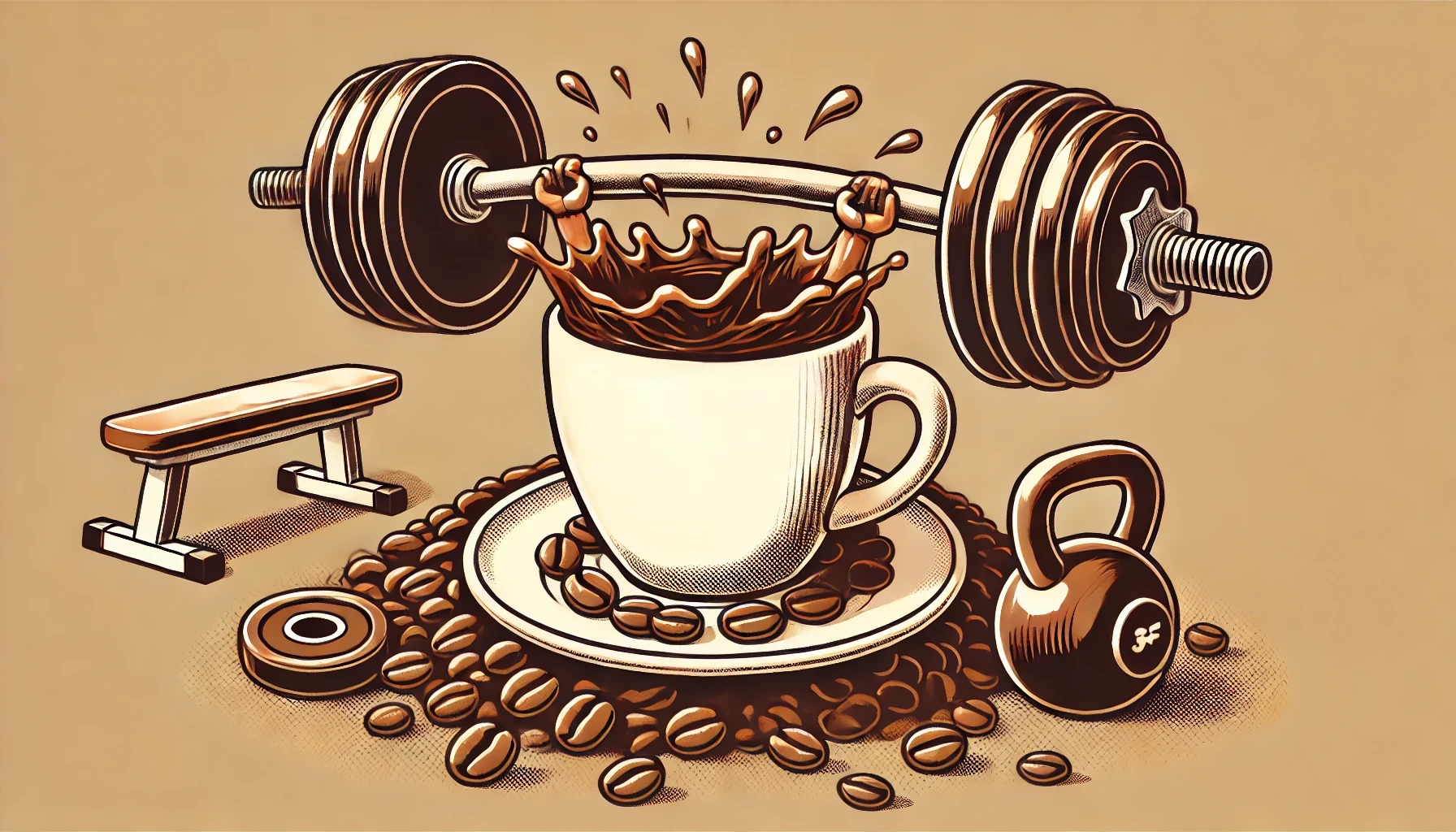 Ilustração de uma xícara de café encorpado sendo levantada como um peso de academia, simbolizando o conceito de corpo no café e sua textura densa.